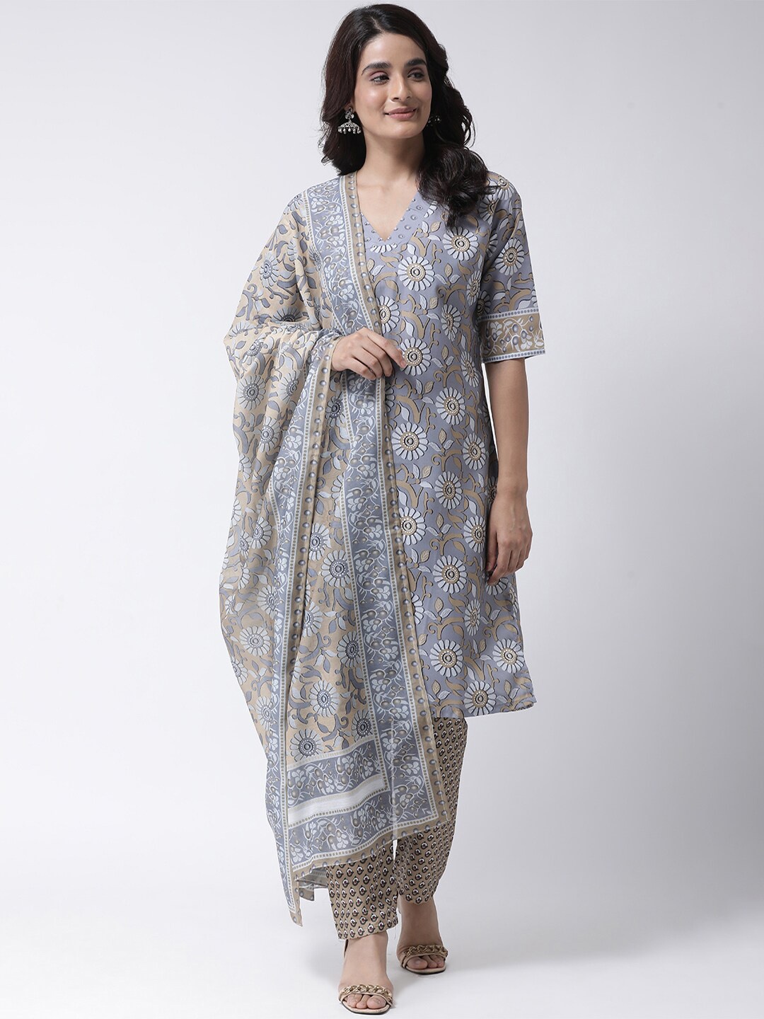 

Hangup Women Grey & Off-White Embroidered Kurta with Trousers & Dupatta