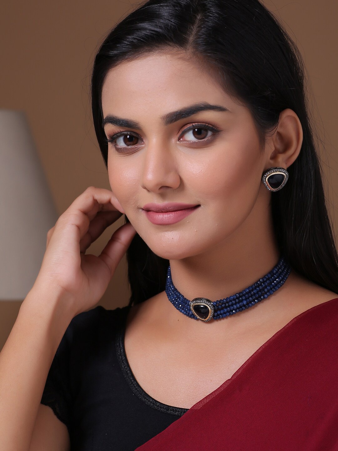 

Shoshaa Gold-Plated & Navy Blue Onyx-Studded Beaded Jewellery Set