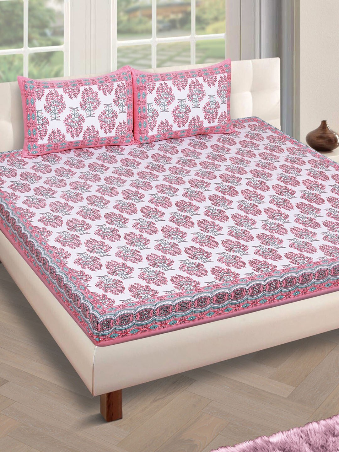 

ROMEE White & Pink Floral 180 TC Cotton 1 King Bedsheet with 2 Pillow Covers