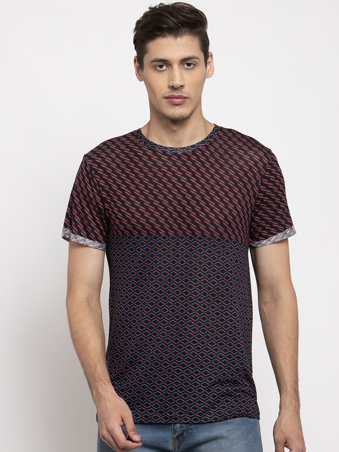 

DOOR74 Men Maroon Printed Round Neck T-shirt