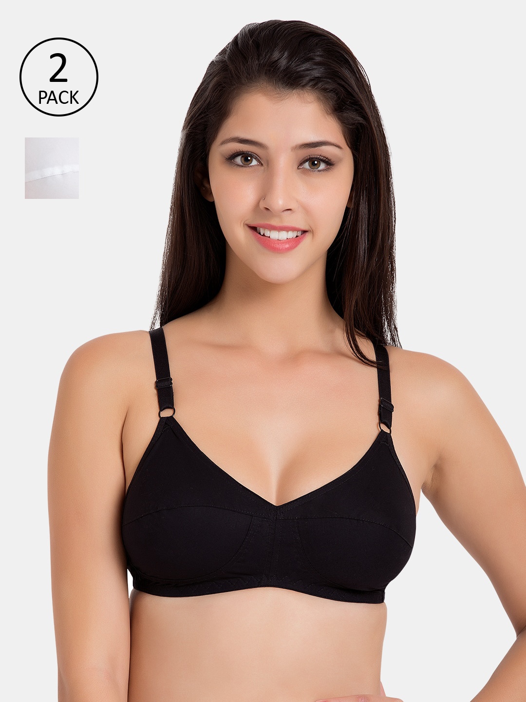 

Souminie Pack Of 2 Solid Non-Wired Non Padded Everyday Bra SLY-931-BLK-2PC-WH-30B, Black