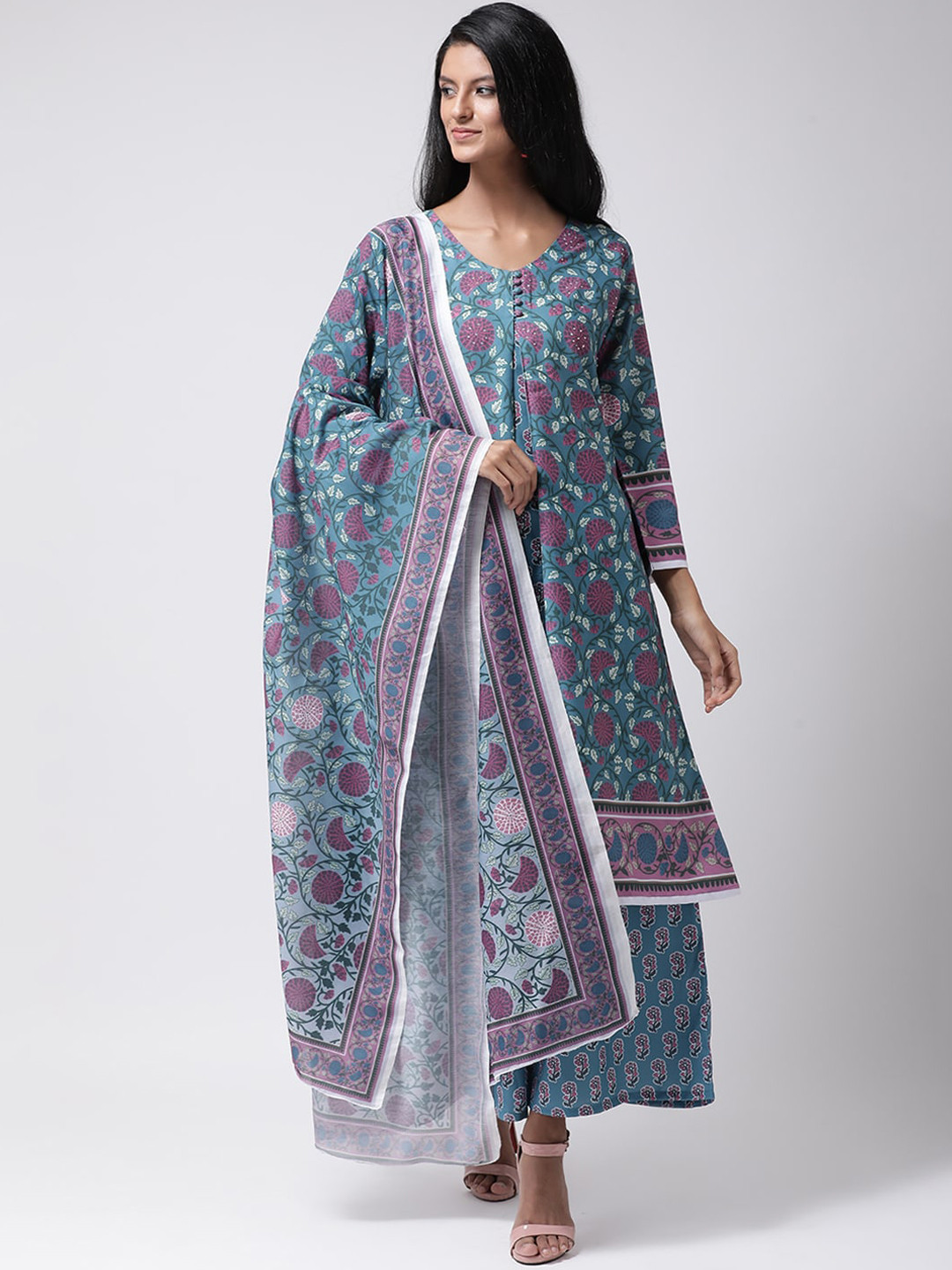 

Hangup Women Green Ethnic Motifs Printed Pleated Kurta with Palazzos & With Dupatta
