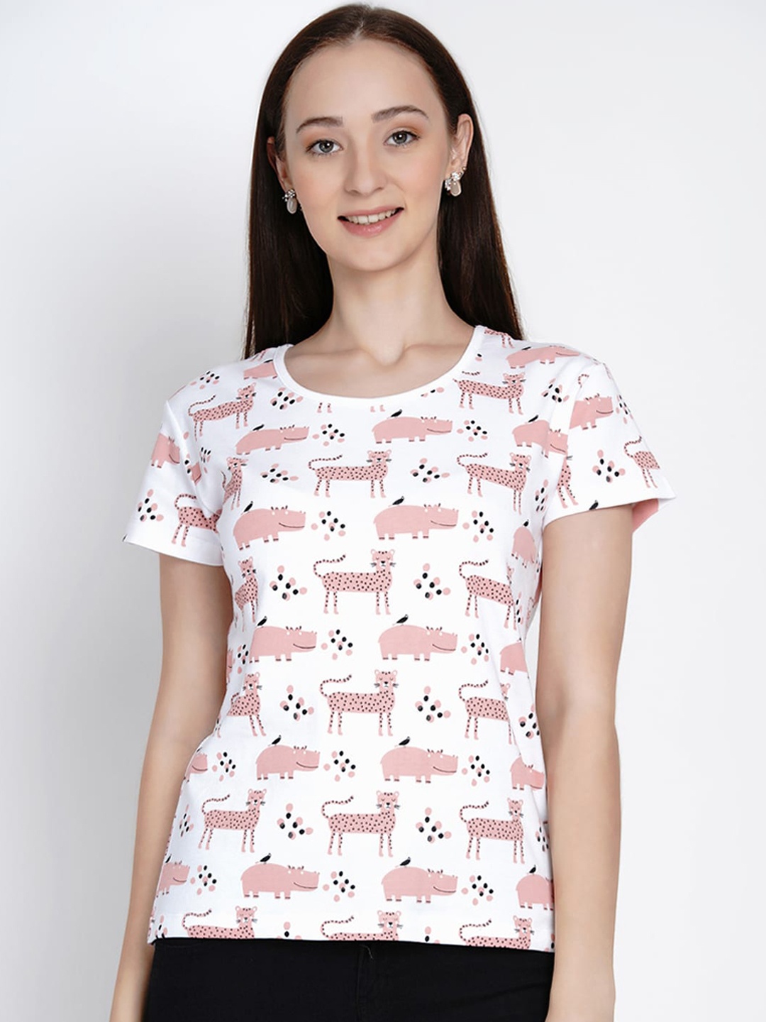 

berrytree Women White Printed Round Neck Sustainable Organic Cotton T-shirt