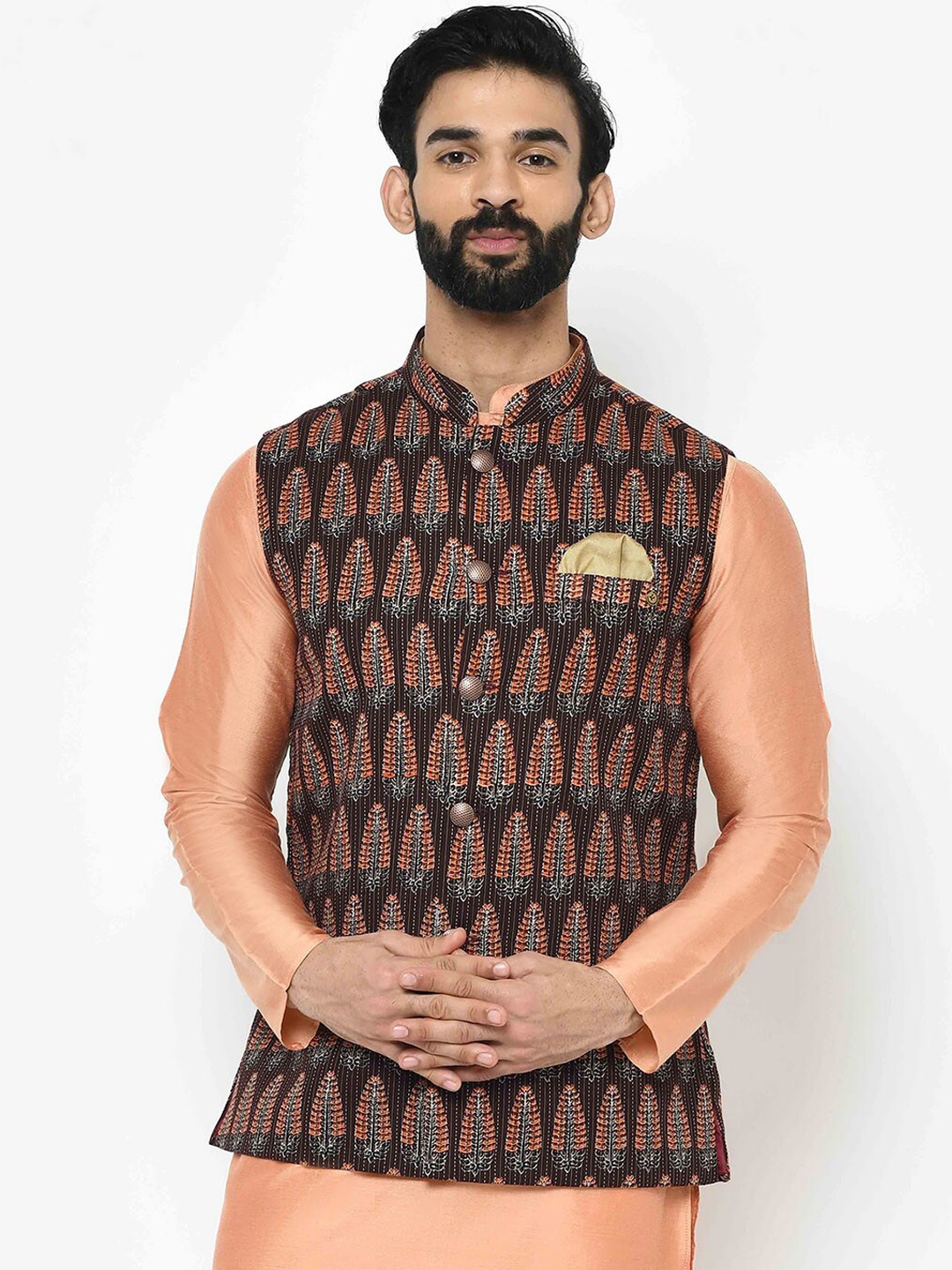 

KISAH Men Brown & Orange Printed Nehru Jacket