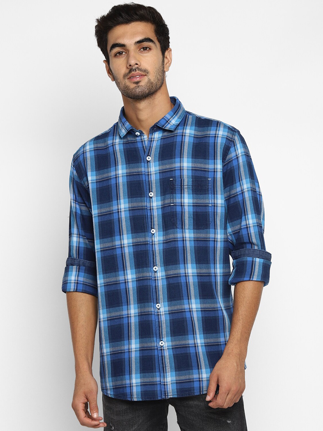 

METTLE Men Blue Regular Fit Checked Casual Shirt