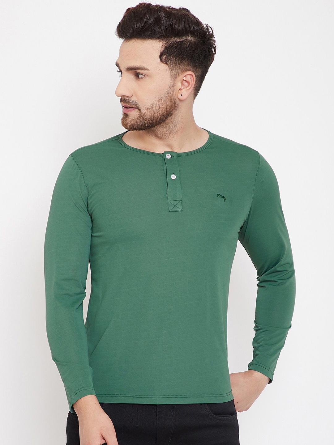 

JUMP USA Men Olive Green Solid Henley Neck T-shirt