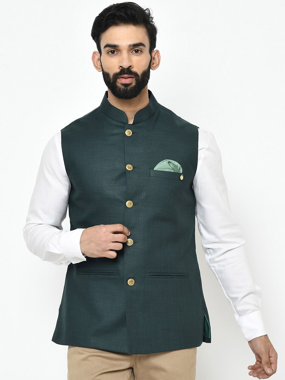 

KISAH Men Solid Zari Regular Fit Nehru Jacket, Green