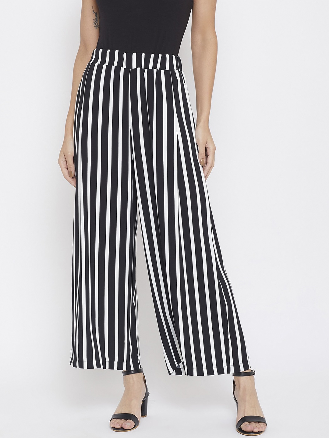 

Crimsoune Club Women Black & White Relaxed Regular Fit Striped Parallel Trousers