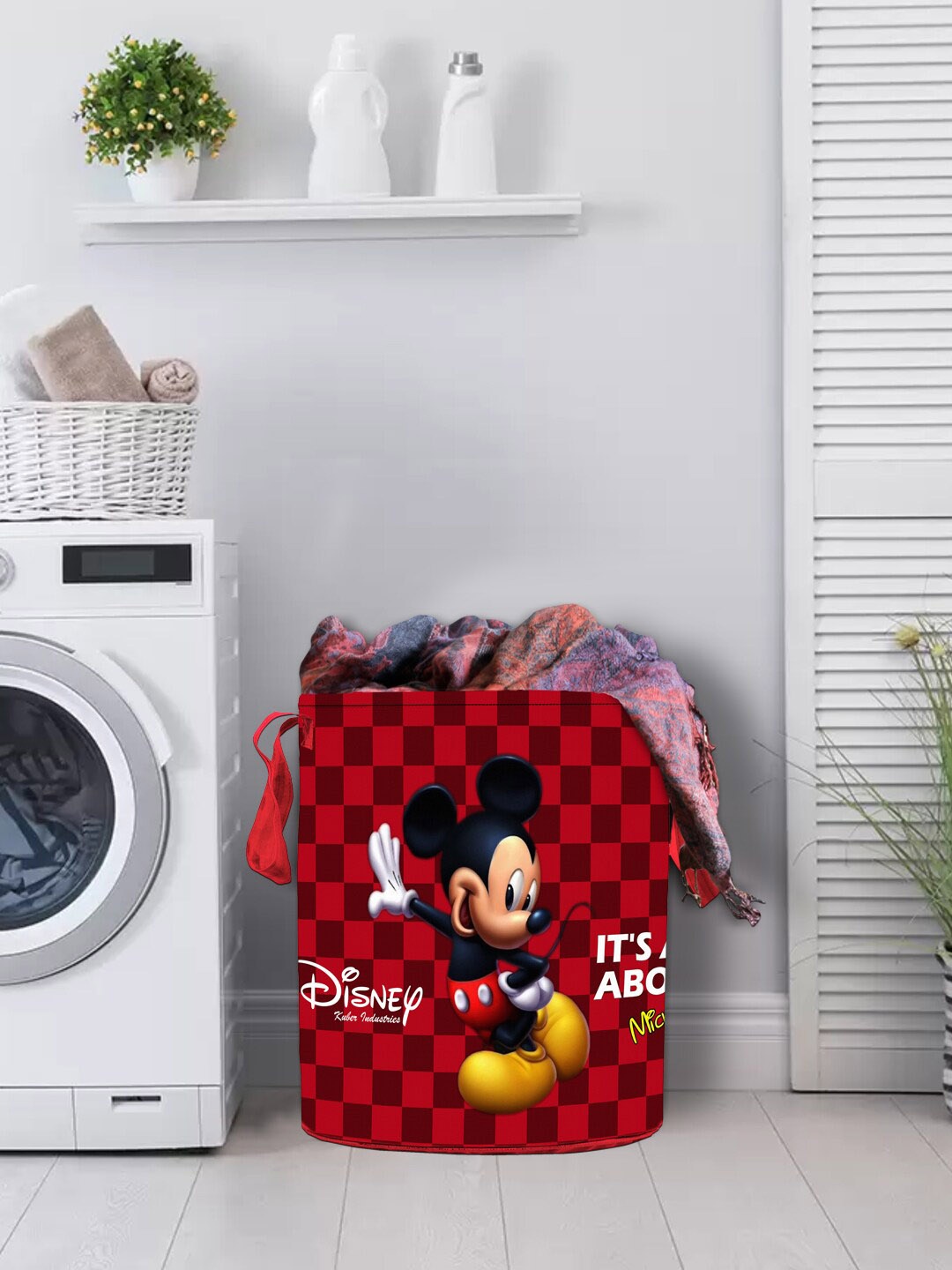 Kuber Industries Maroon & Black Disney Mickey Print Foldable Sustainable Laundry Basket