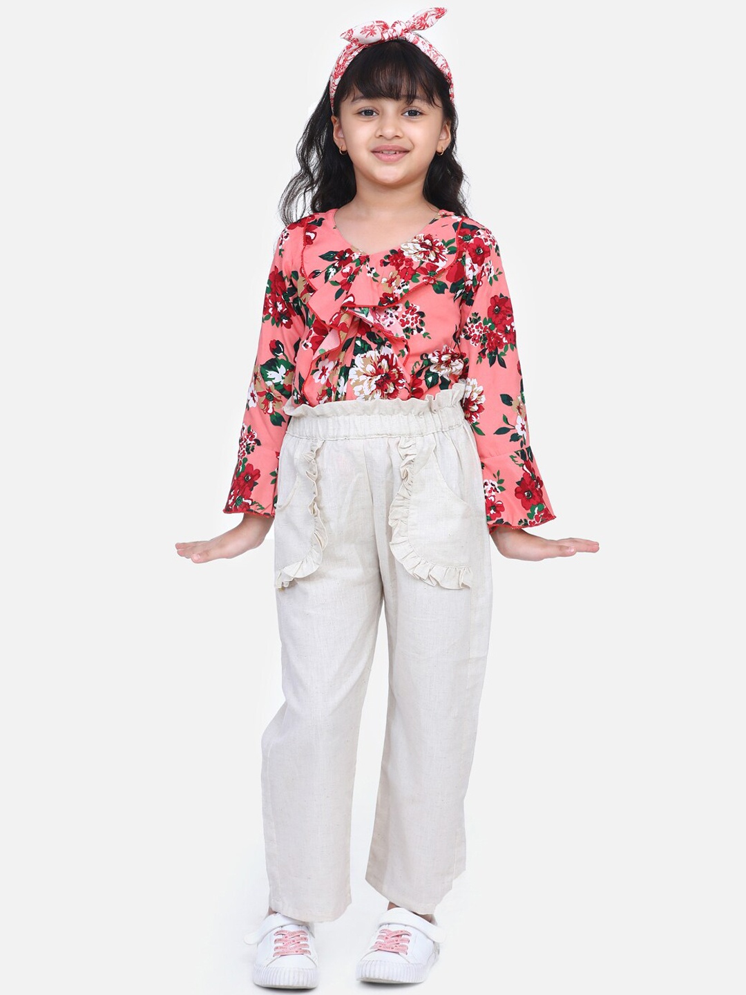 

Cutiekins Girls Peach-Coloured & Cream-Coloured Printed Top with Trousers