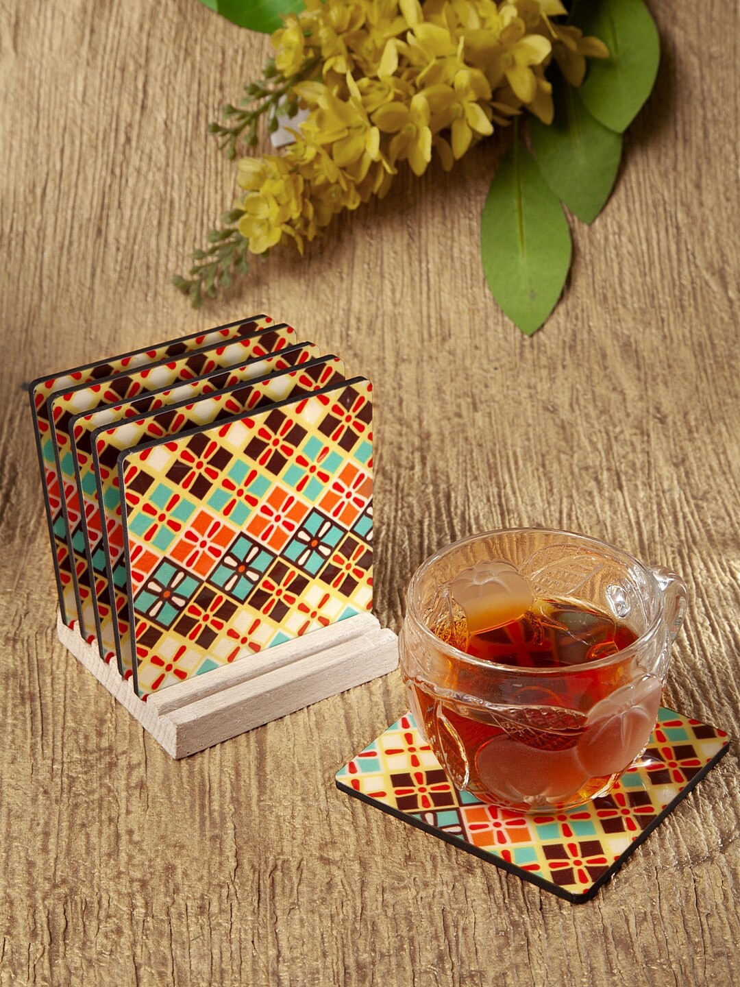 

Alina decor Set Of 6 Yellow & Brown Digital Printed Square Wooden Coasters With Stand
