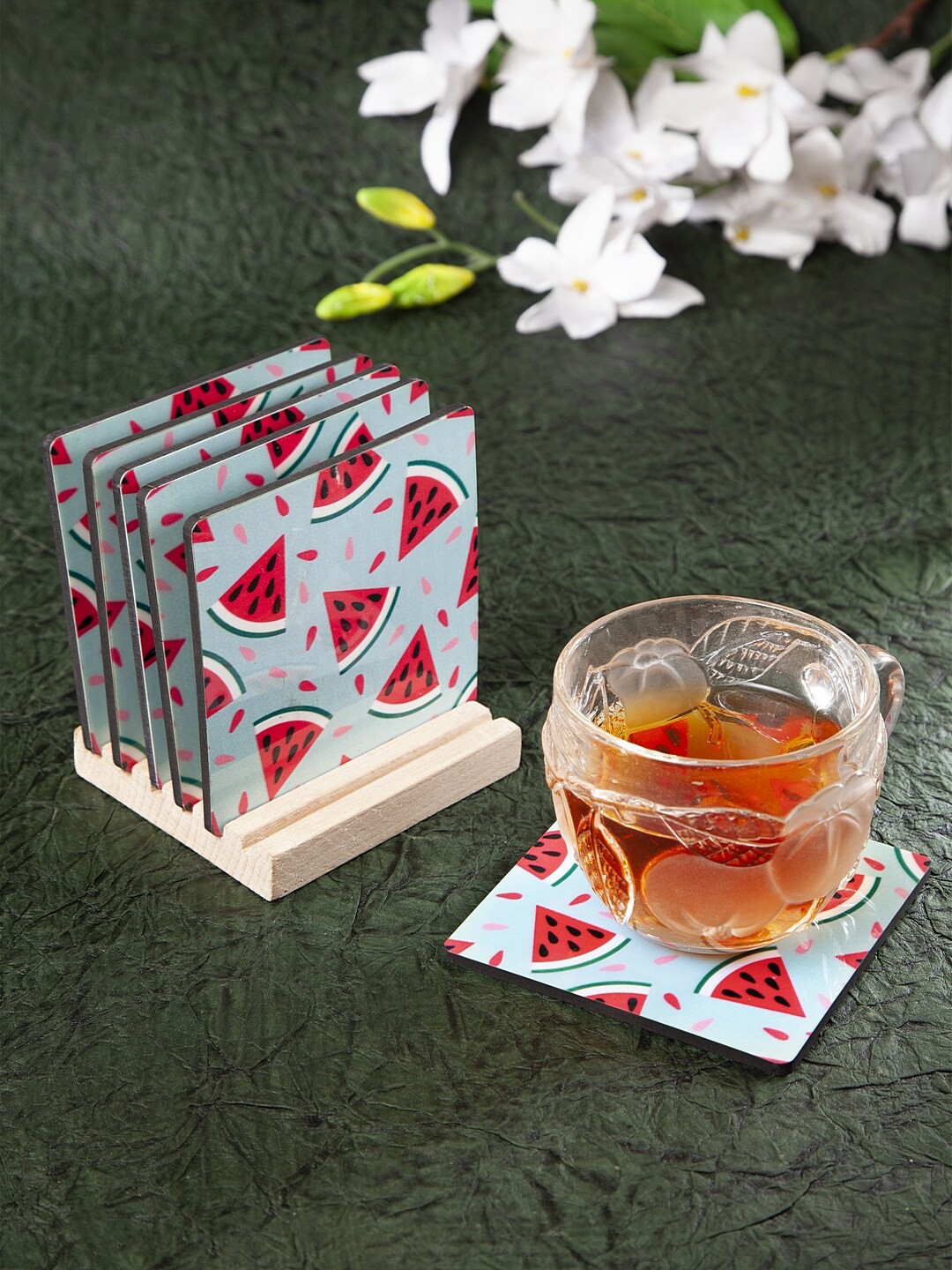 

Alina decor Set of 6 Green & Red Digital Printed Wooden Coasters With Stand
