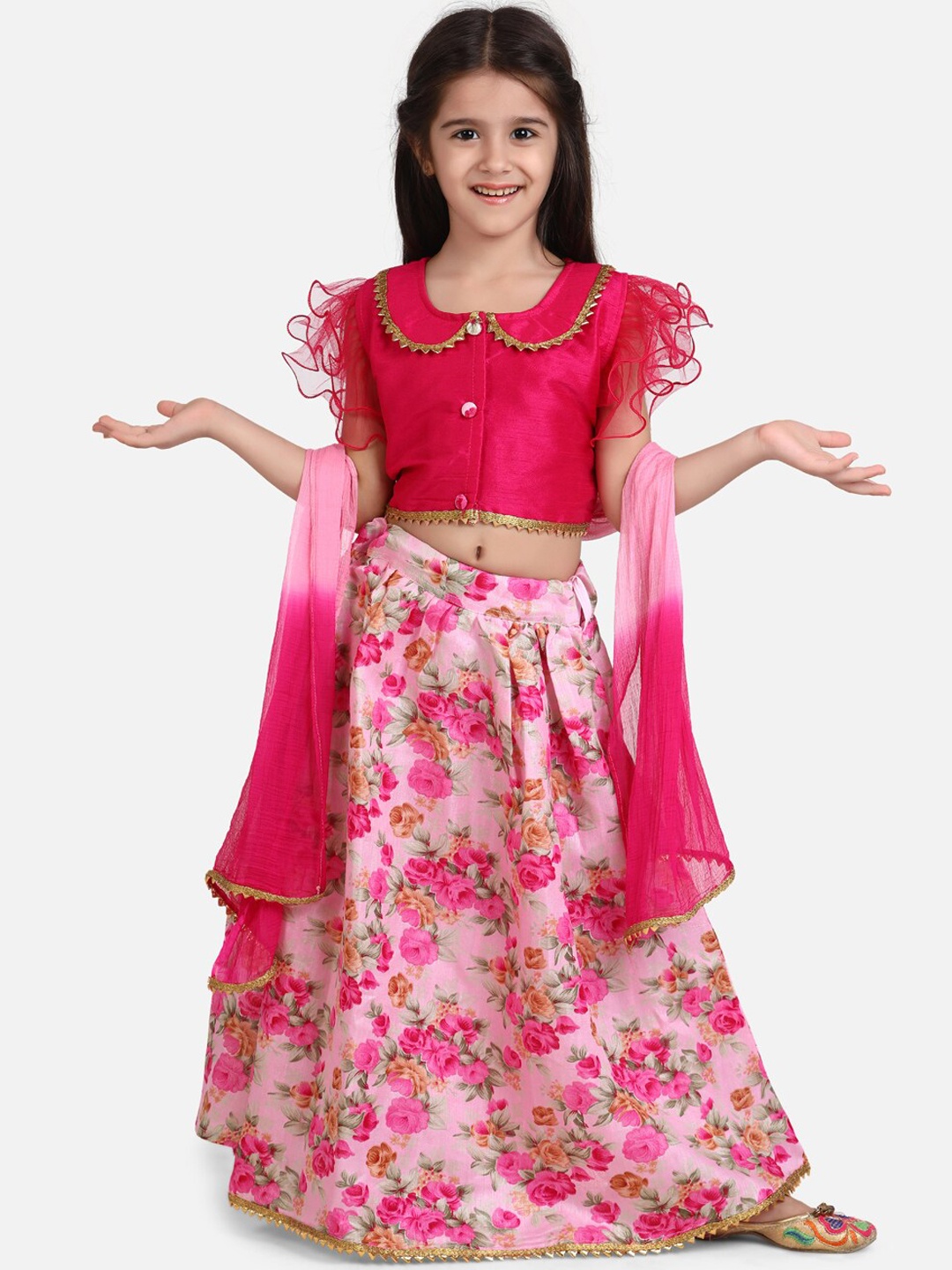 

BownBee Girls Pink Floral Print Ready to Wear Lehenga & Blouse with Dupatta