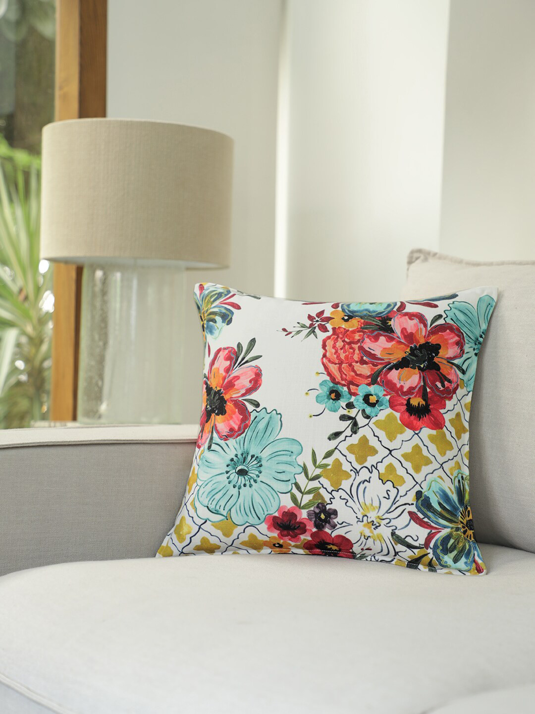 

BLUE BOAT White & Blue Single Floral Square Cushion Cover