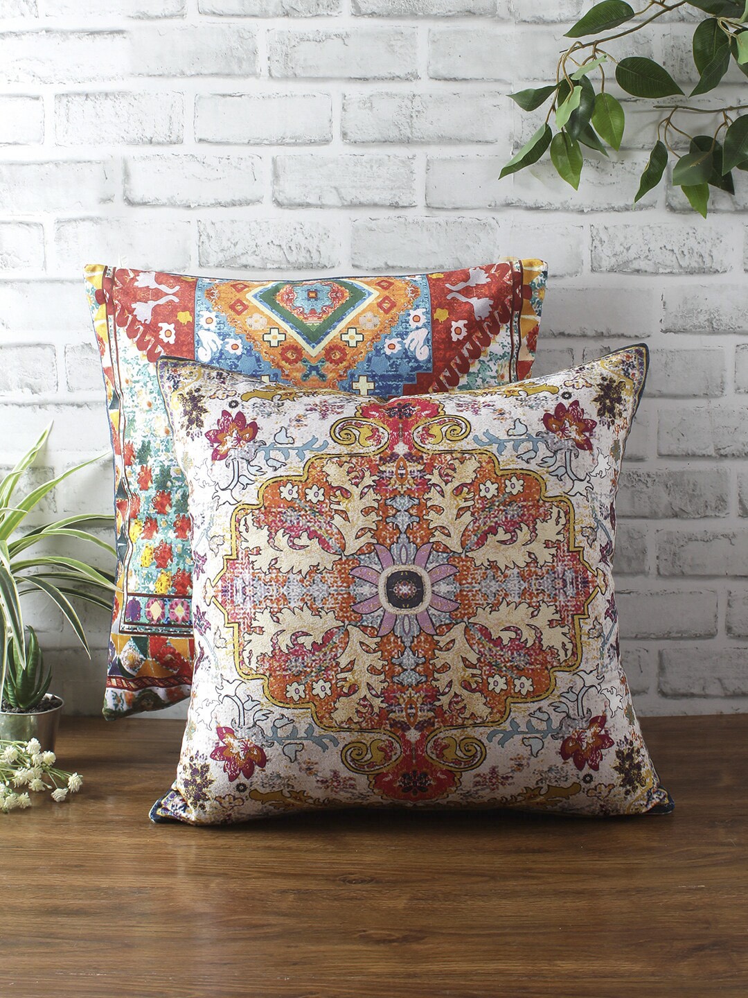 

eyda Multicoloured Set of 2 Floral Square Cushion Covers, Multi