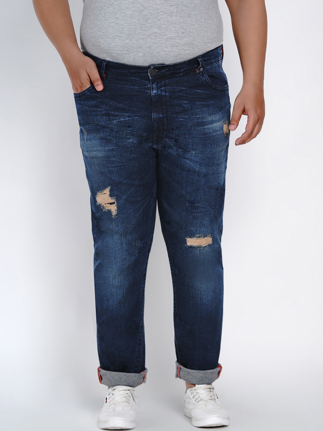 

John Pride Men Plus Size Regular Fit Mid-Rise Mildly Distressed Stretchable Jeans, Blue
