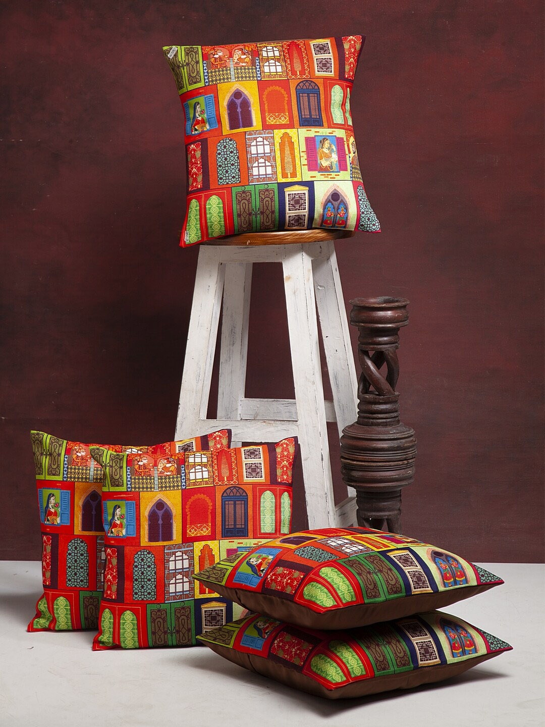 

NISRAG HOME Red & Orange Set of 5 Ethnic Motifs Square Cushion Covers