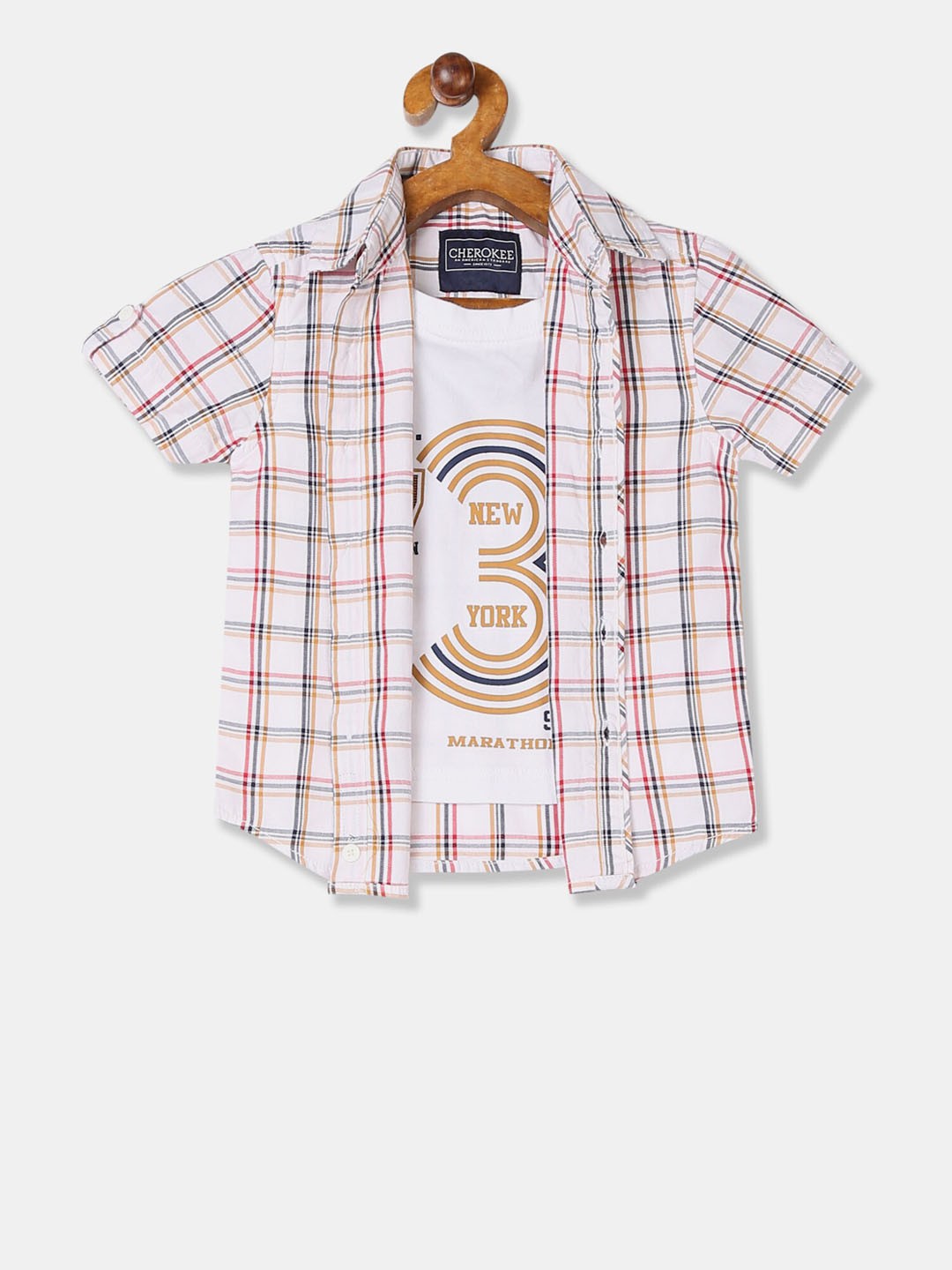 

Cherokee Boys Off-White & Pink Regular Fit Checked Twofer Casual Shirt
