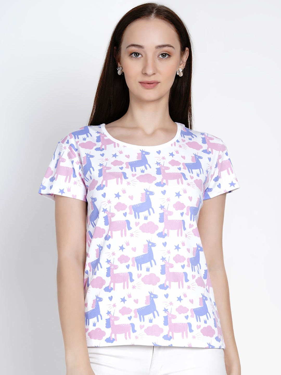 

berrytree Women White Purple Printed Organic Cotton Sustainable T-shirt