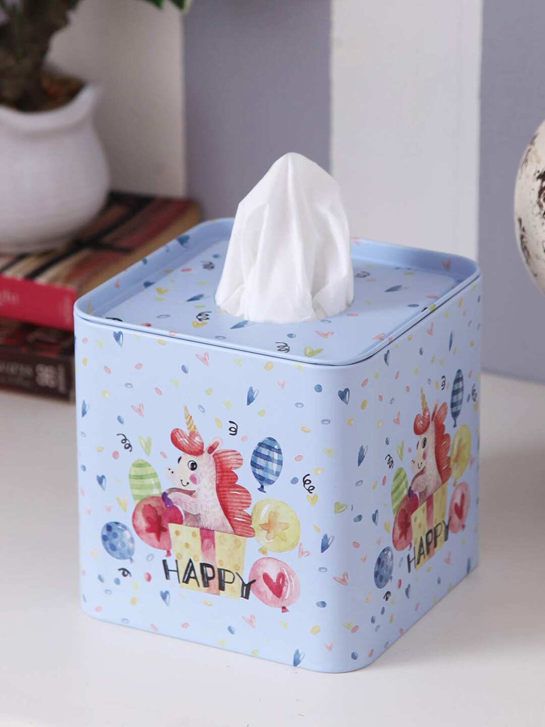 

A Vintage Affair- Home Decor Blue & Red Happy Unicorn Tissue Box
