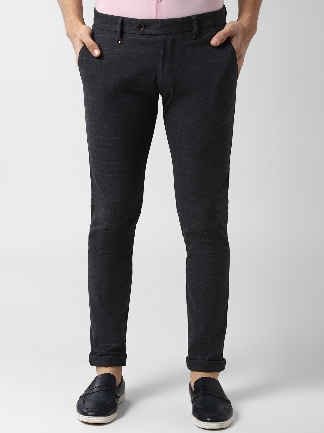 Peter England Casuals Men Black Skinny Fit Checked Regular Trousers