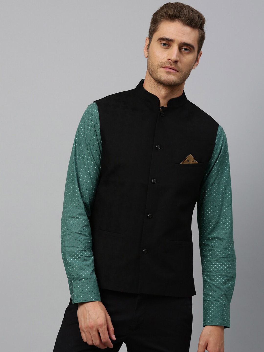 

RARE RABBIT Men Black Solid Woven Nehru Jacket