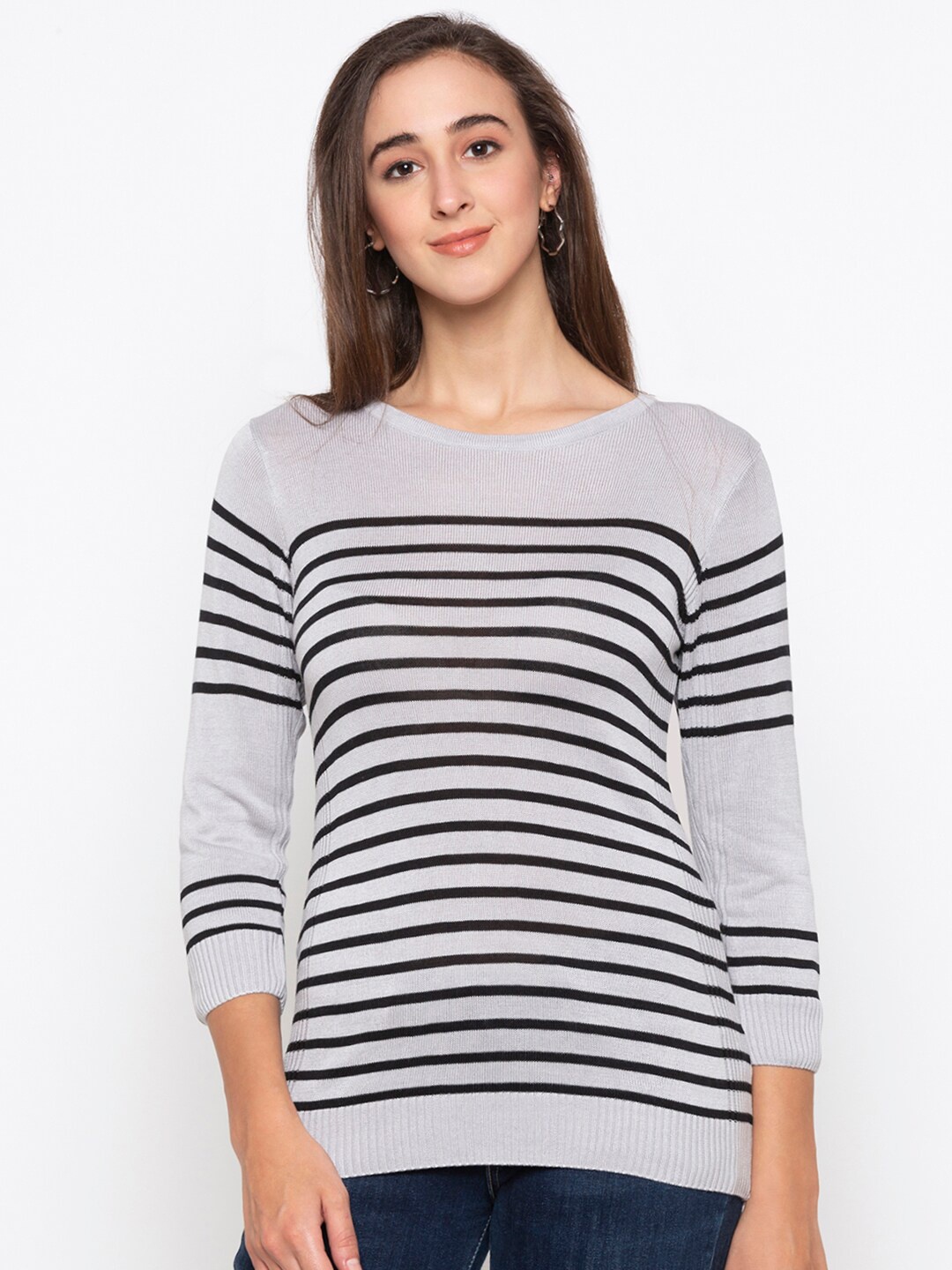 Globus Women Grey & Black Striped Top