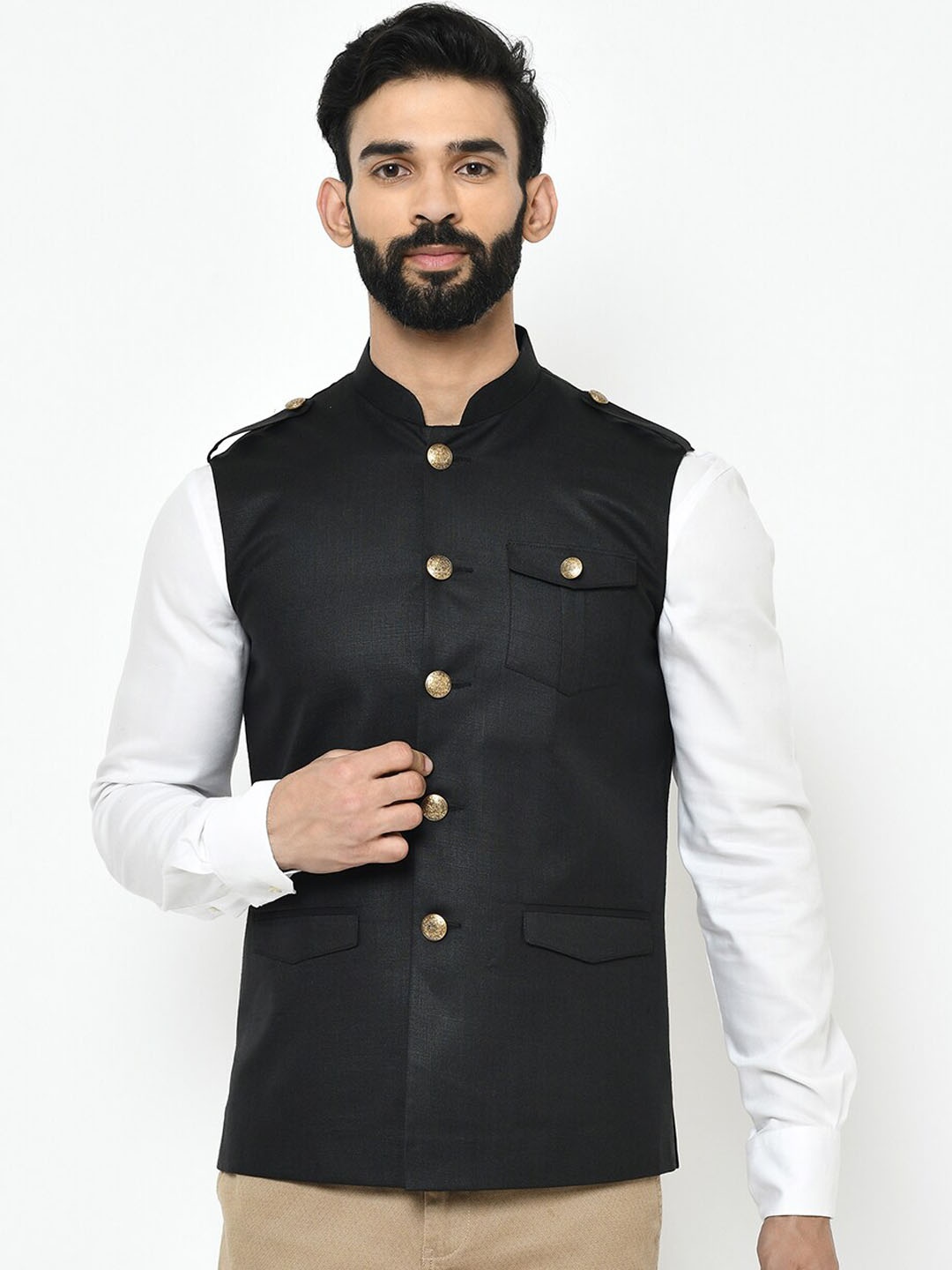 KISAH Men Black Solid Nehru Jacket