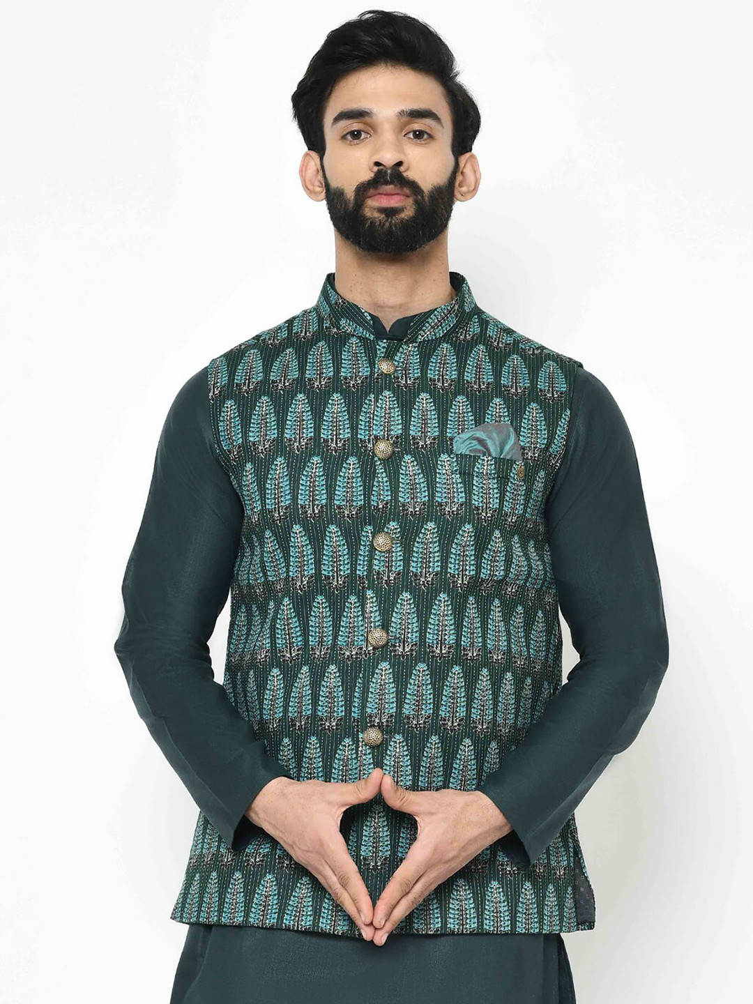 

KISAH Men Green & Blue Printed Nehru Jacket