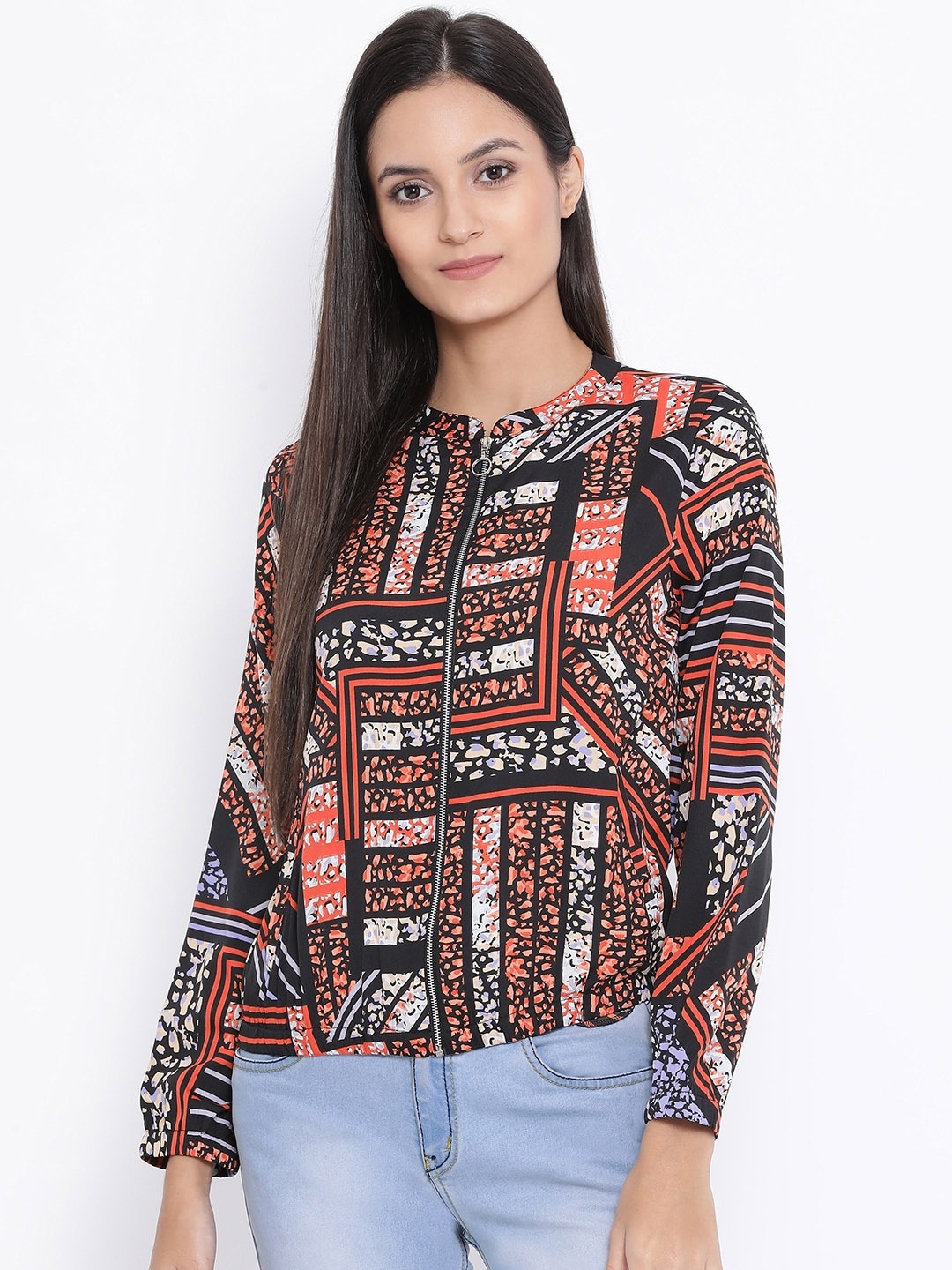 

Oxolloxo Women Orange Printed Bomber Jacket