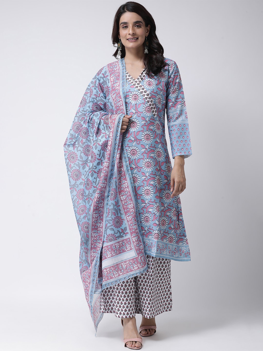 

Hangup Women Blue Floral Printed Kurta with Palazzos & Dupatta