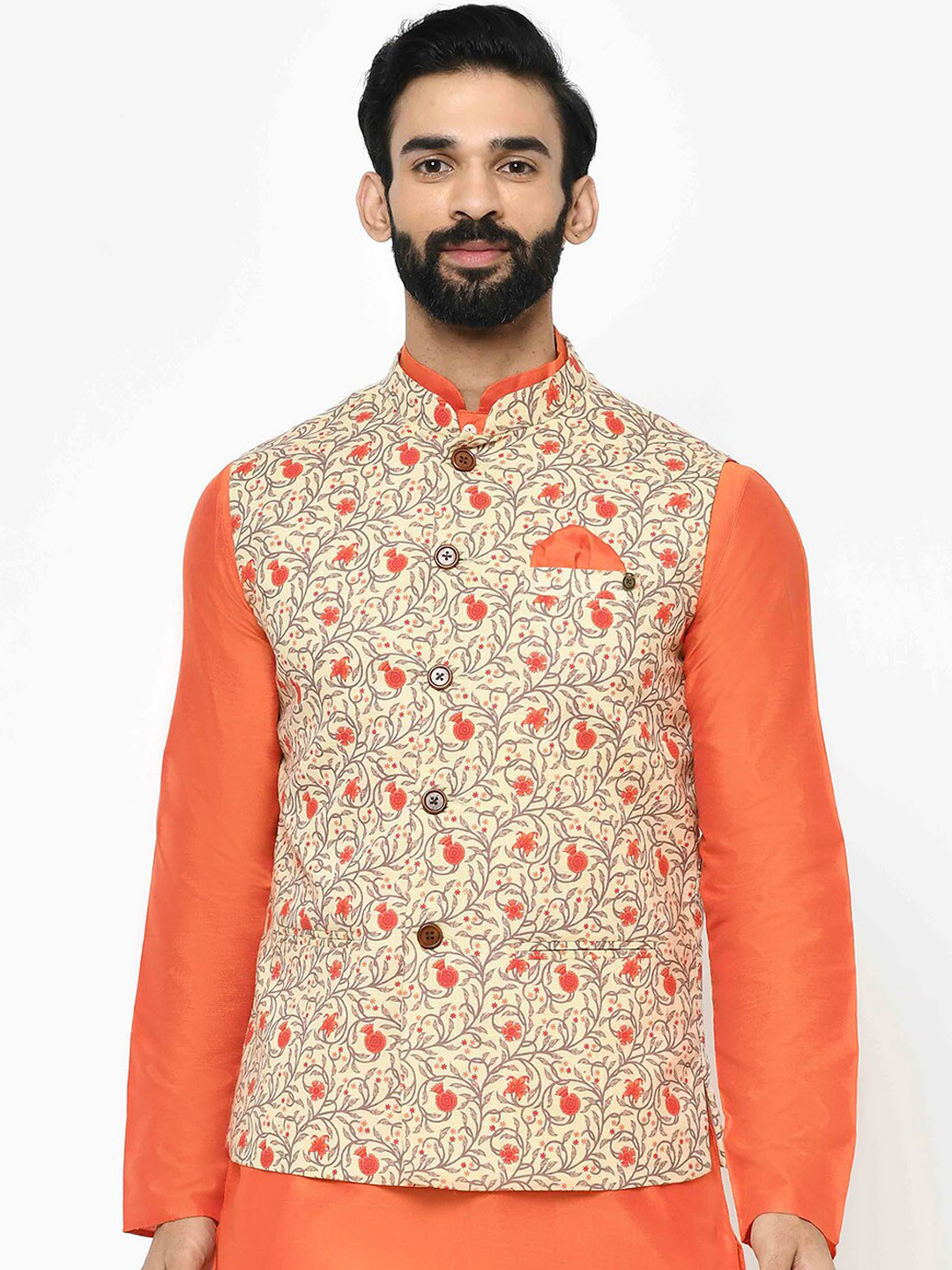 

KISAH Men Cream-Coloured & Orange Woven Design Nehru Jacket