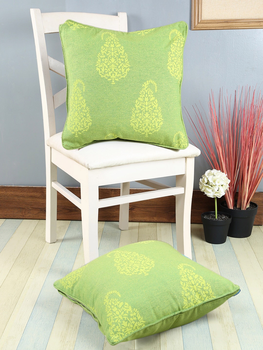 Soumya Set of 2 Green & Yellow Ethnic Motifs Square Cushion Covers