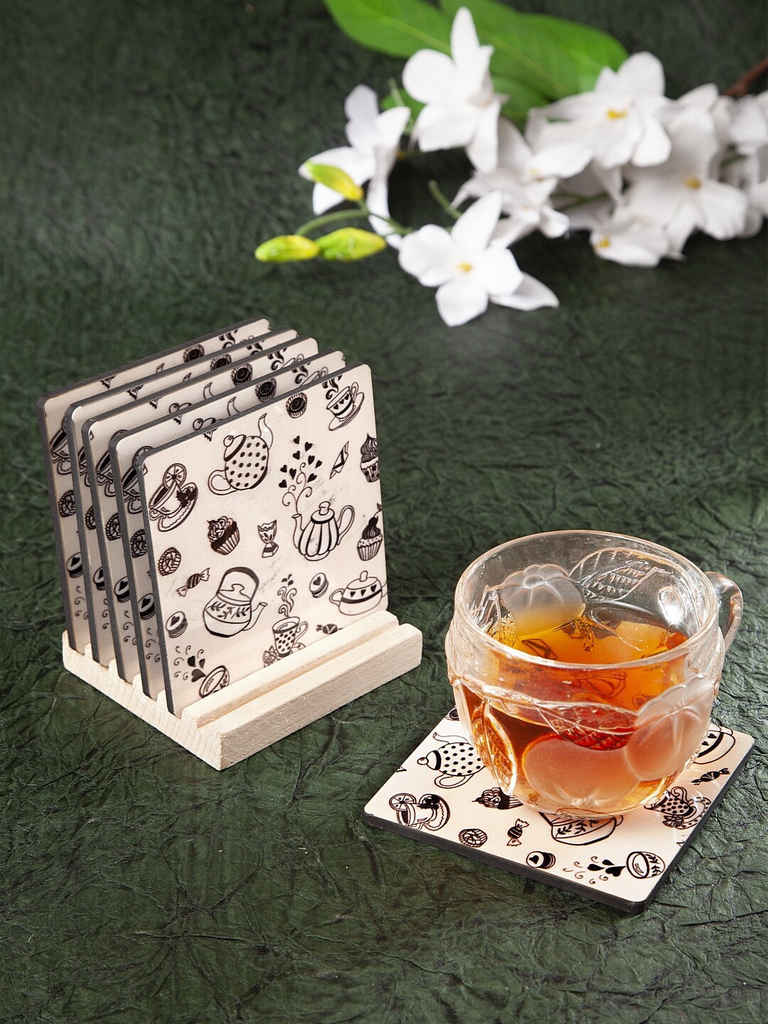 

Alina decor Set Of 6 Beige & Black Digital Print Coasters With Stand