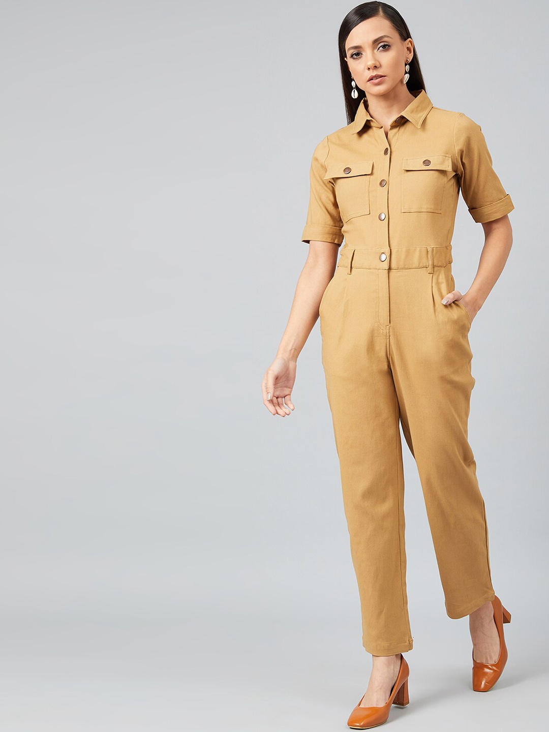 

Athena Women Khaki Solid Basic Jumpsuit