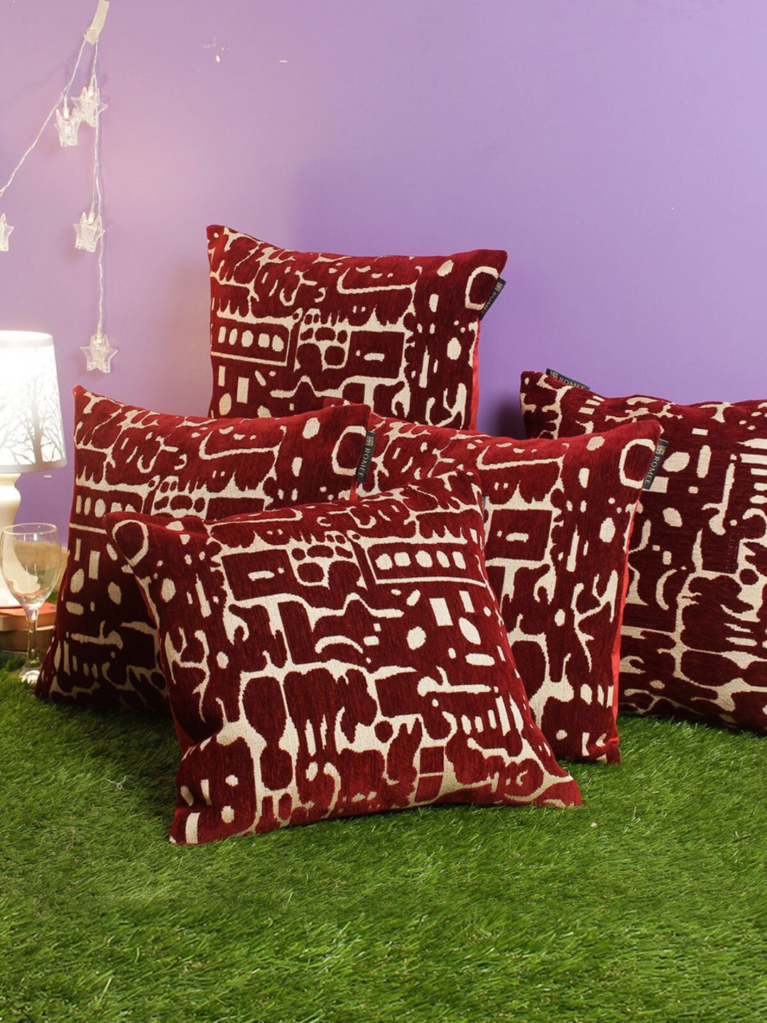 

ROMEE Set of 5 Chenille Textured Maroon & Cream Abstract Square Cushion Covers