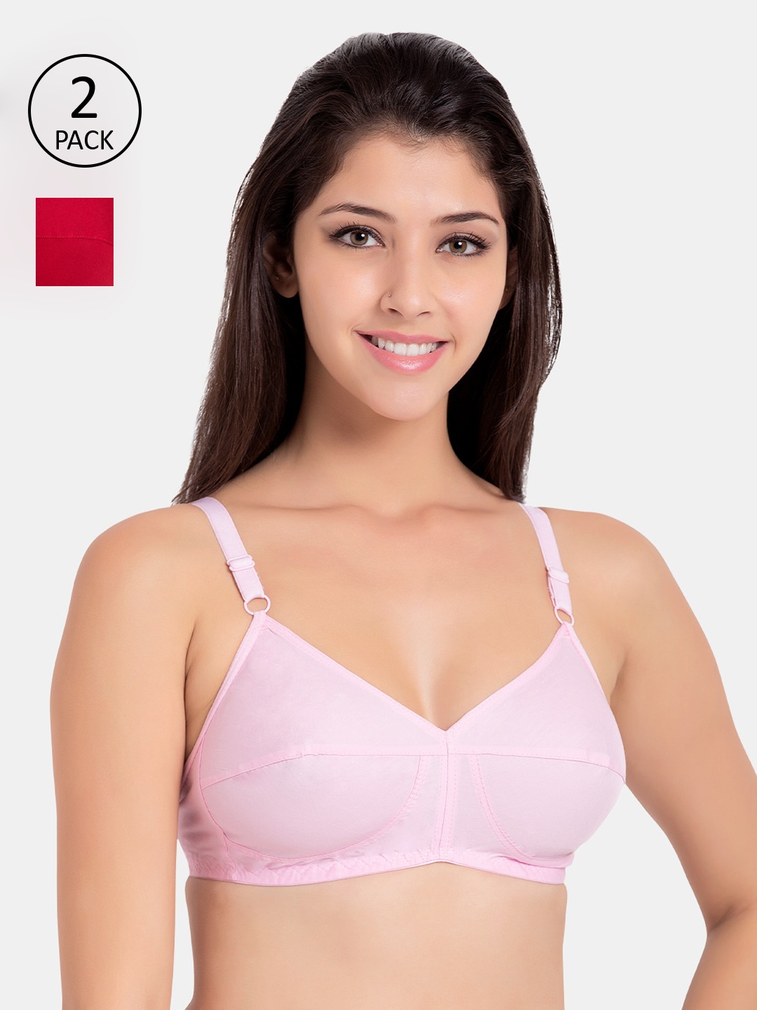 

Souminie Pack Of 2 Solid Non-Wired Non Padded Everyday Bra SLY-931-PK-2PC-RD-30B, Pink