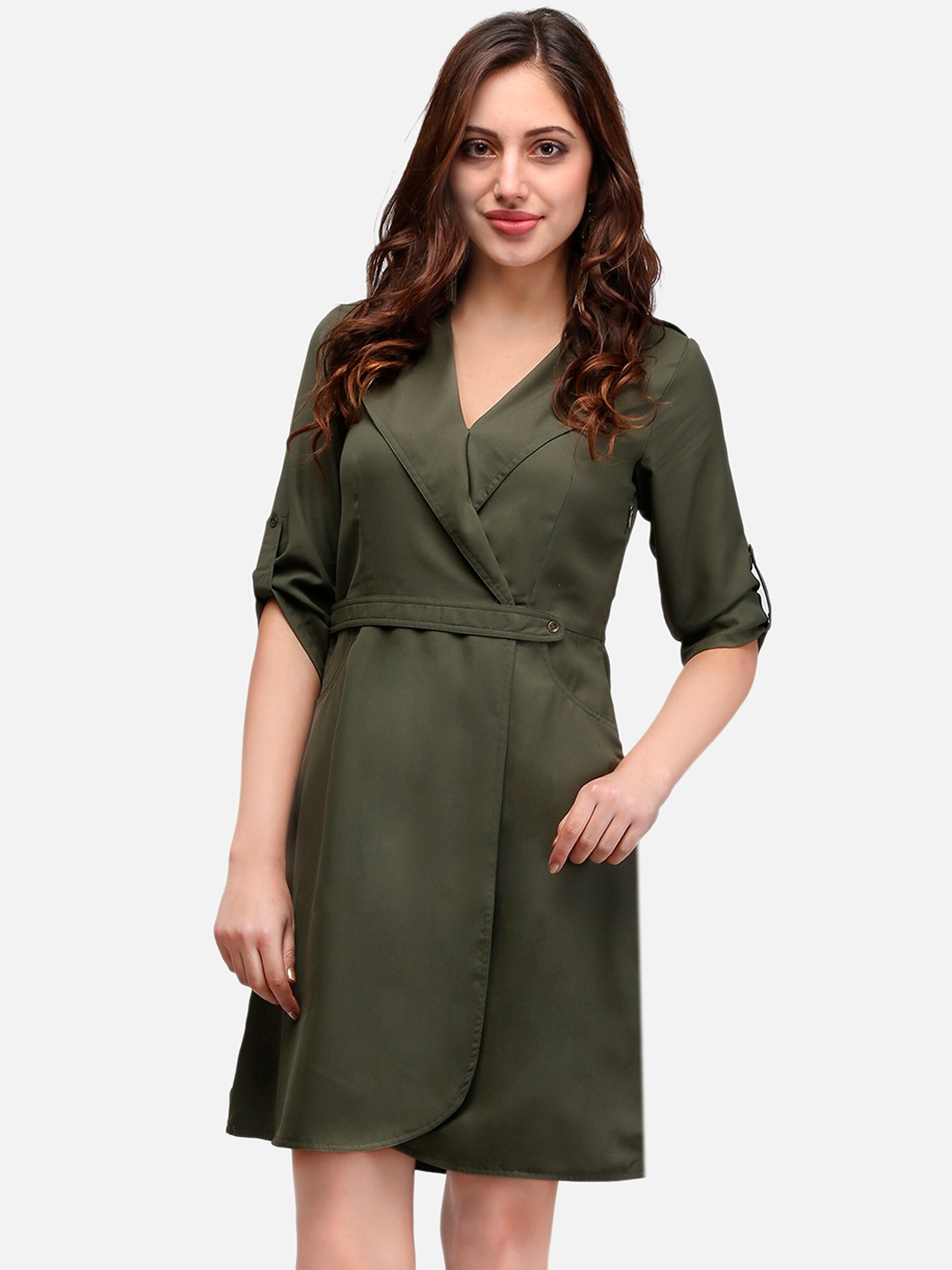 

V&M Women Olive Green Solid Wrap Dress