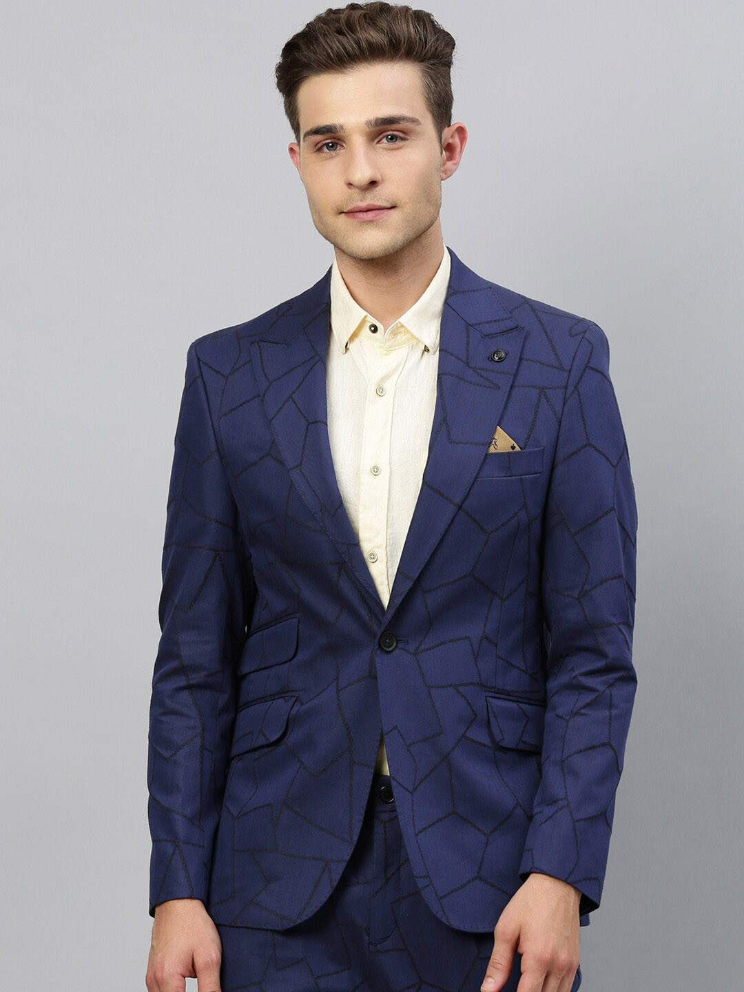 

RARE RABBIT Men Blue & Black Printed Single-Breasted Pure Cotton Blazer