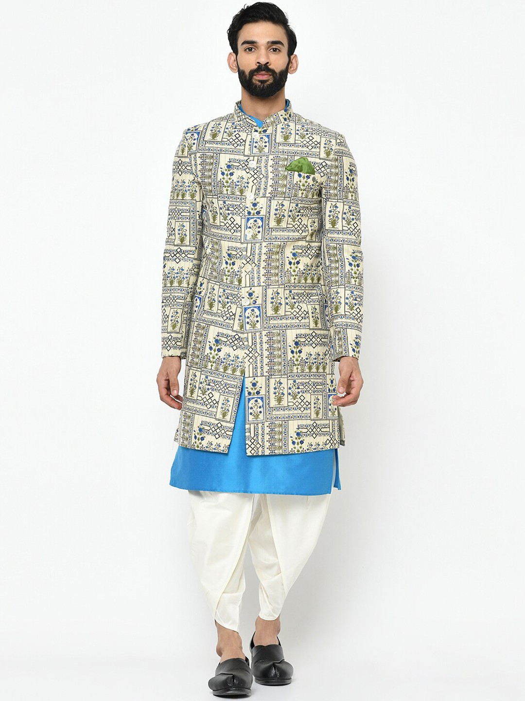 

KISAH Men White & Blue Printed Sherwani Set