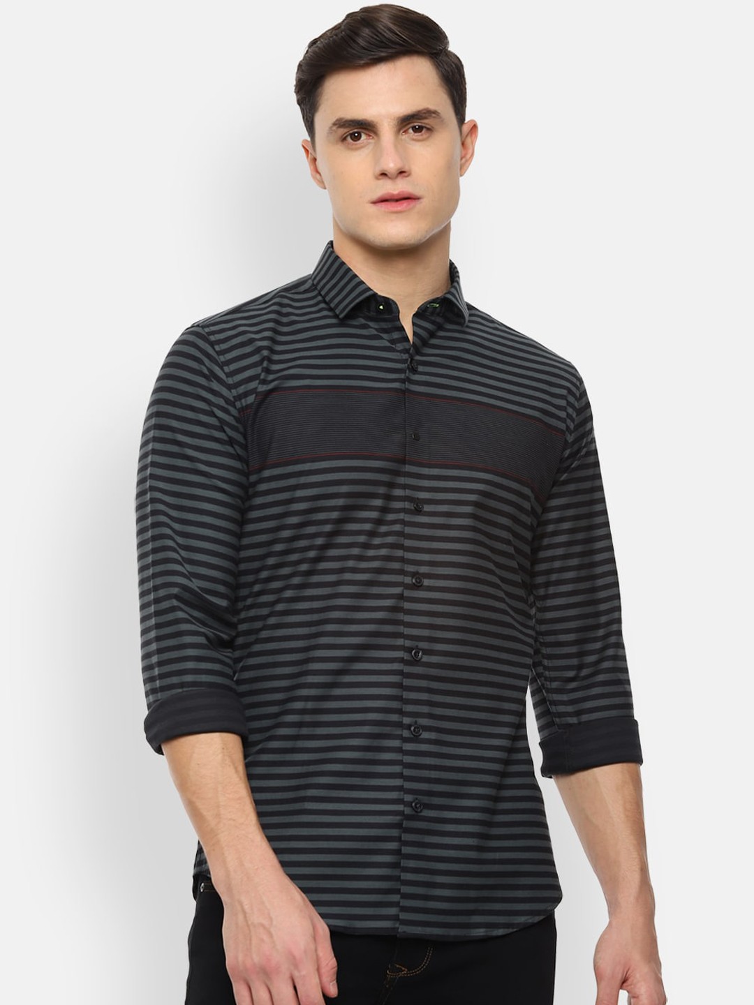 

V Dot Men Grey & Black Skinny Fit Slim Casual Shirt