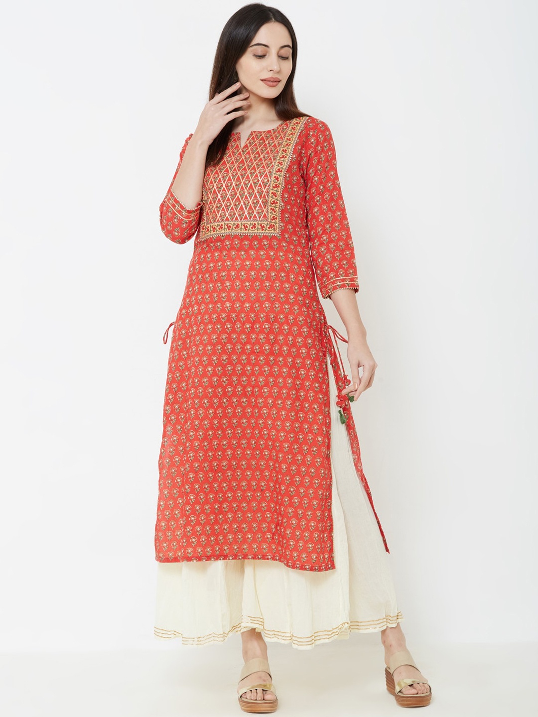 

FASHOR Women Red & Cream-Coloured Yoke Design Kurta with Palazzos