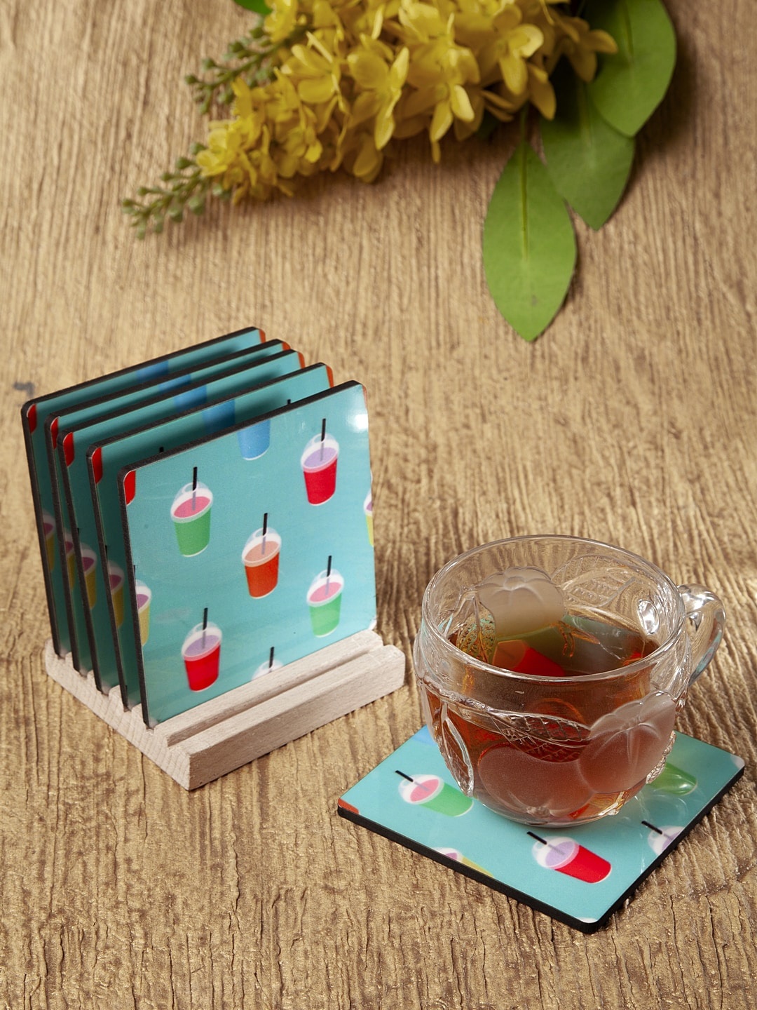 

Alina decor Set Of 6 Blue & Red Digital Printed Wooden Square Coasters With Stand