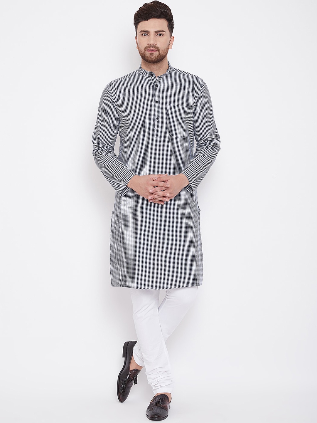 

even Men Black & White Checked Straight Kurta