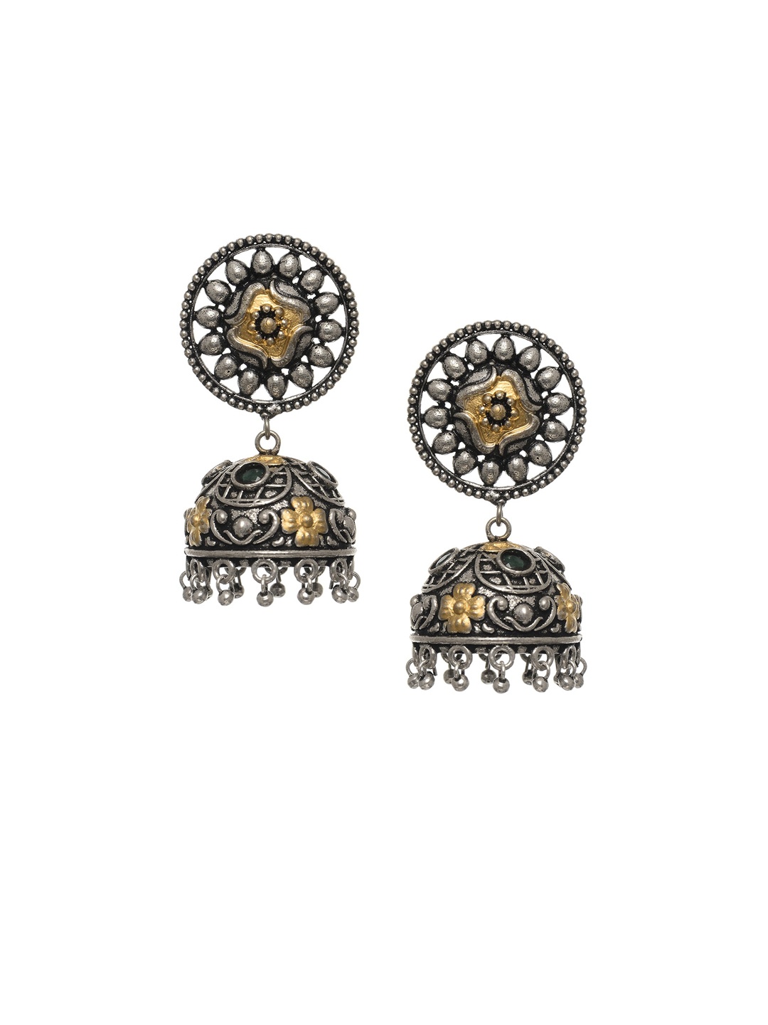 

INDYA Silver-Toned & Green Oxidised Dome Shaped Jhumkas