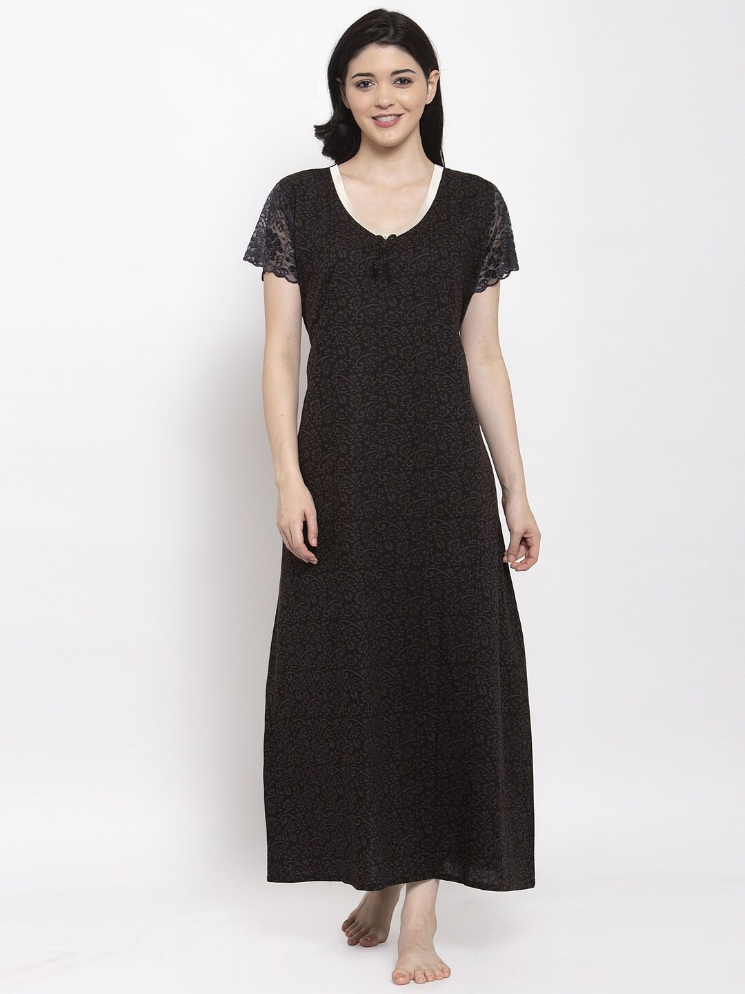 

Secret Wish Black Floral Printed Nightdress