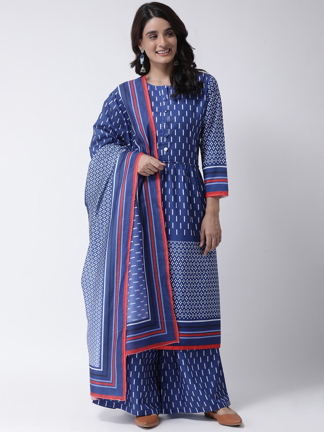

Hangup Women Blue & White Printed Kurta with Sharara & Dupatta