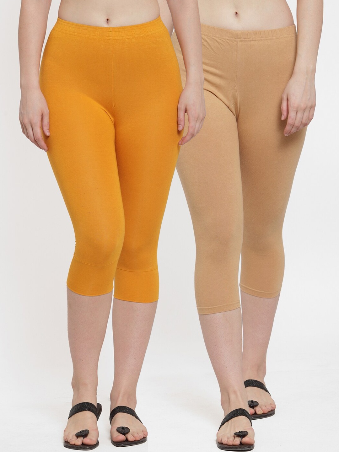 

GRACIT Women Pack Of 2 Solid Three-Fourth Length Leggings, Beige