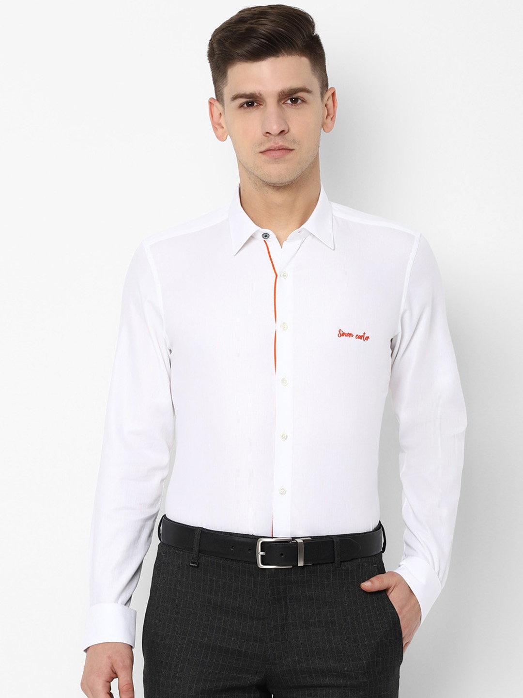 

SIMON CARTER LONDON Men White Slim Fit Striped Formal Shirt