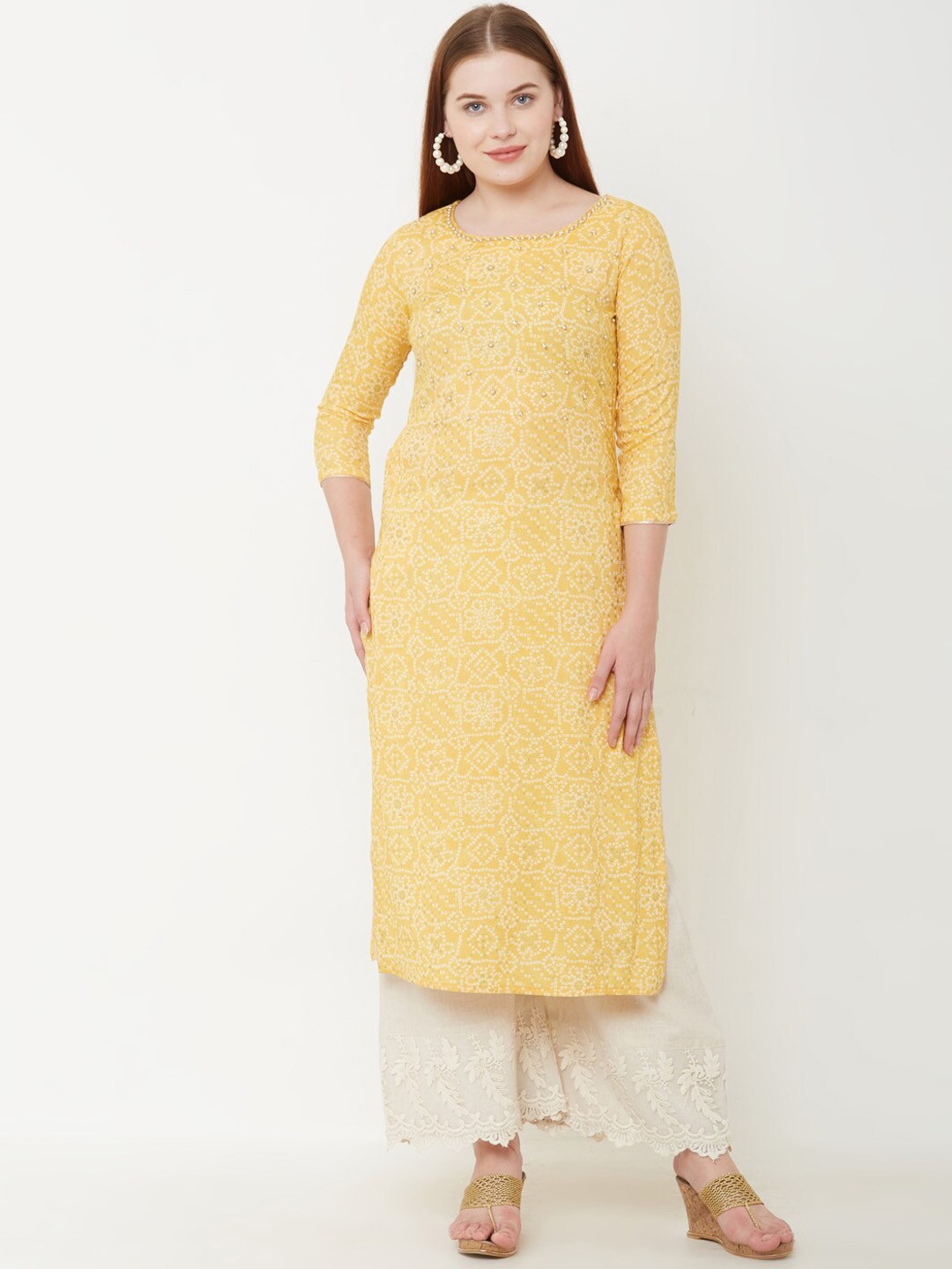FASHOR Women Yellow & White Bandhani Print Straight Kurta